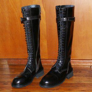ANN DEMEULEMEESTER BLACK LEATHER LACE-UP KNEE HIGH BOOTS SZ EU 7.5
